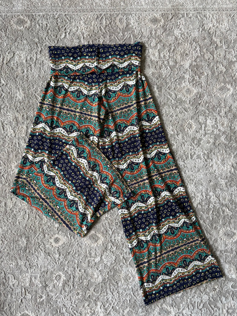White Mark Boho Chevron Print Wide-Leg Pants Yoga Flowy Fold over Medium Lounge